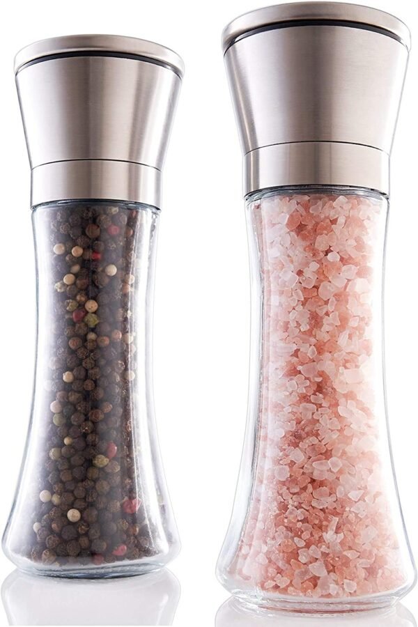 Adjustable Stainless Steel Salt and Pepper Grinder Set of 2 - Tall Shaker, Adjustable Coarseness, Refillable -Sea Salt, Black Peppercorn Mill