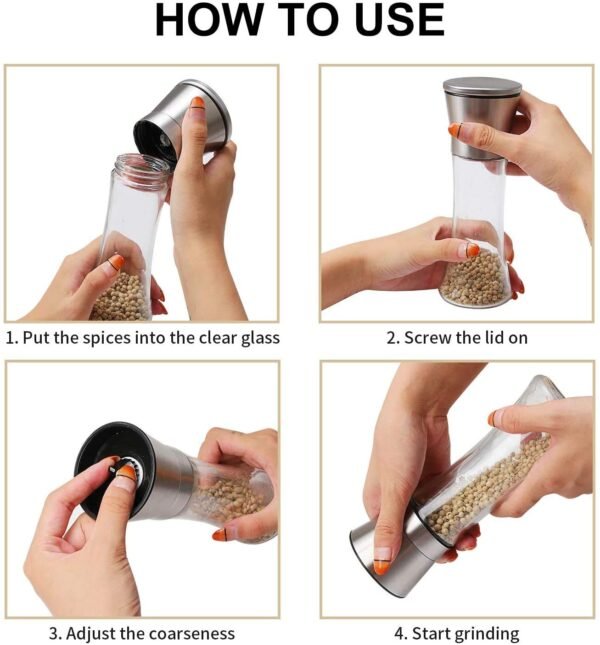 Adjustable Stainless Steel Salt and Pepper Grinder Set of 2 - Tall Shaker, Adjustable Coarseness, Refillable -Sea Salt, Black Peppercorn Mill