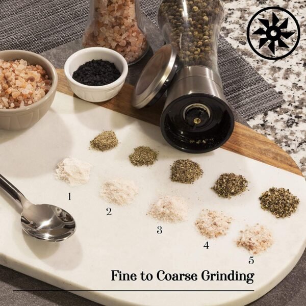 Adjustable Stainless Steel Salt and Pepper Grinder Set of 2 - Tall Shaker, Adjustable Coarseness, Refillable -Sea Salt, Black Peppercorn Mill