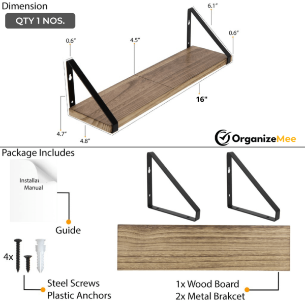 16 Inch Pine Wood Floating Shelf For Wall , With Black Metal Brackets Wall Decor (L 16″ X 5″ Shade Walnut QTY 1) Black Brackets