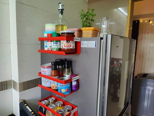 Red magnetic kitchen organizer storage spice rack , Utilize side space of fridge,washing machine & microwave oven