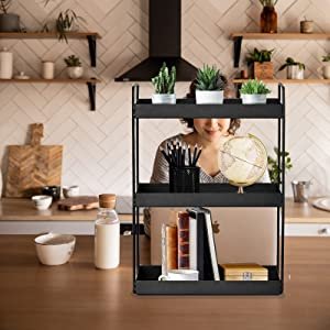 OrganizeMee Metal 3 Tier Multi Purpose Kitchen Steel Rack Organizer Essentials Space Saving Organiser ( Black )