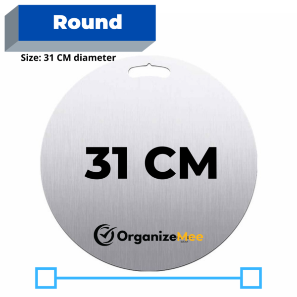 ORGANIZEMEE Steel Chopping Board Cutting,Food-Grade Chopping Cutting Slicing Serving Cut Board for Fruits Vegetables Meat Cheese Pizza Dough for Chefs Kitchen Home Size:(31 cm Round X 1.5 mm Thick)