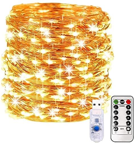 10 Meters 100 LED Copper Wire Warm White Lights Waterproof with Remote and Mode Functions and Timer USB Powered Decorative LED