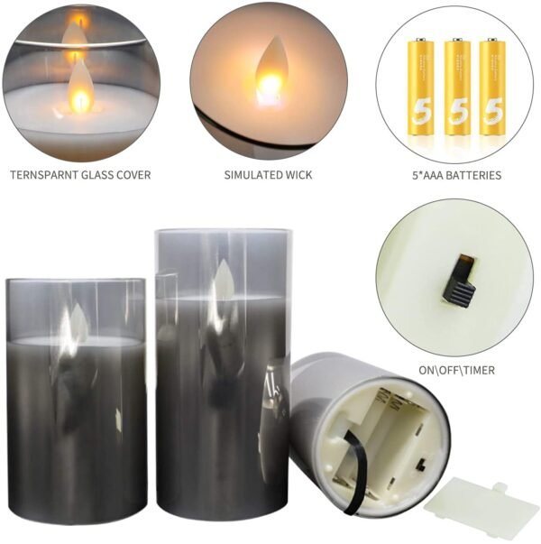Grey Flickering Glass Candle Material ,Realistic Flame-Effect (Set of 3+Remote)