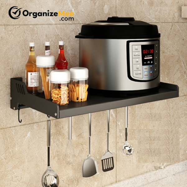 Extra Large Microwave Wall Shelf rack (Size 60 cm wide & 55 CM Deep) for Kitchen from 25-38 Liter with Hooks 65 Kg load capacity (Single Stage Matte Black)