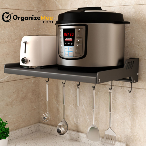 Extra Large Microwave Wall Shelf rack (Size 60 cm wide & 55 CM Deep) for Kitchen from 25-38 Liter with Hooks 65 Kg load capacity (Single Stage Matte Black)