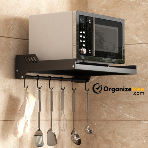 Extra Large Microwave Wall Shelf rack (Size 60 cm wide & 55 CM Deep) for Kitchen from 25-38 Liter with Hooks 65 Kg load capacity (Single Stage Matte Black)