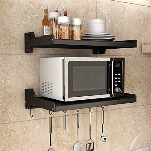 Double Stage Kitchen Wall Shelf for Microwaves and Small Appliances with Hooks from 17to25 Liter Size 55 cm (Wide Matte Black)